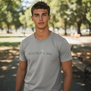 RESCUED BY A DOG Gray Tee Mens M Womens Rescue Dogs Puppy Lovers Dog Mom Dad